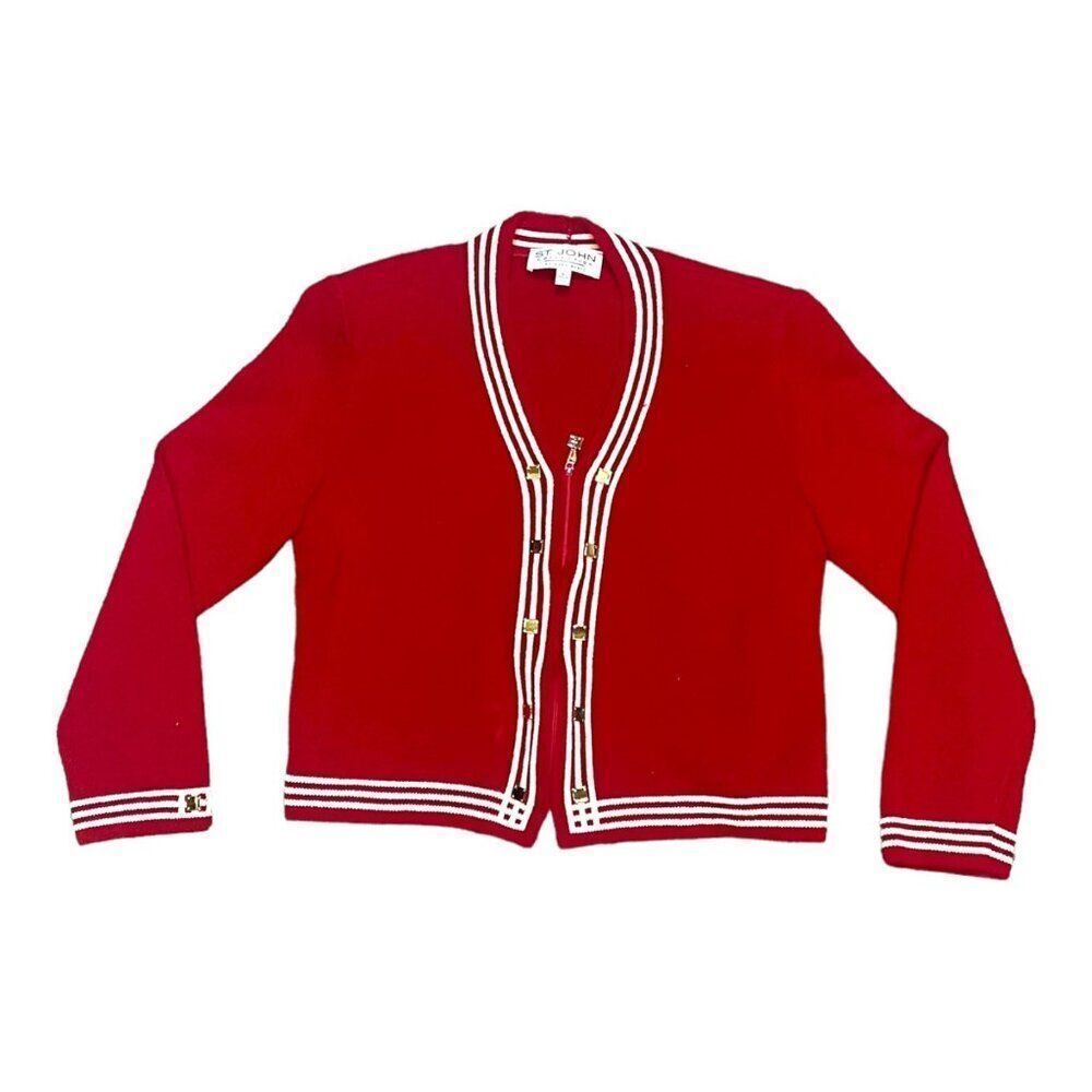 St John jacket knit red white Trim suit blazer size 6 Small Jacket Formal